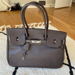 Birkin style dark Brown genuine Leather silver hardware Handbag